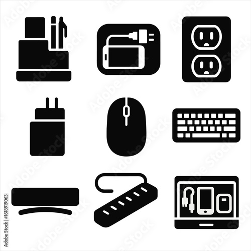 Home Office Electronics Icons. Solid, filled icons set of home office electronics storage: desk organizer,
