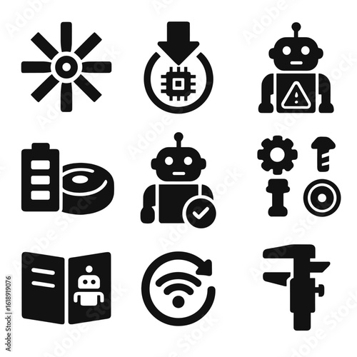 Home Robot Icon Set. Solid, filled icons set of home robot maintenance: cleaning brush, firmware update icon,