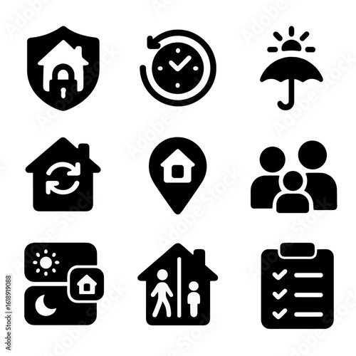 Home Security Icons. Solid, filled icons set of home security automation routines: arm/disarm toggle,
