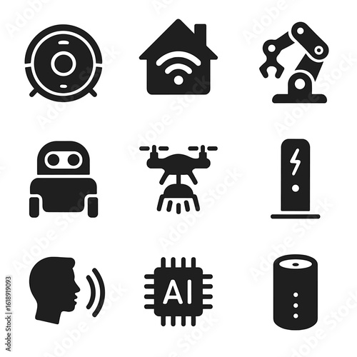 Home Robotics Icons. Solid, filled icons set of home robotics: robotic vacuum, smart home hub, robot arm, home
