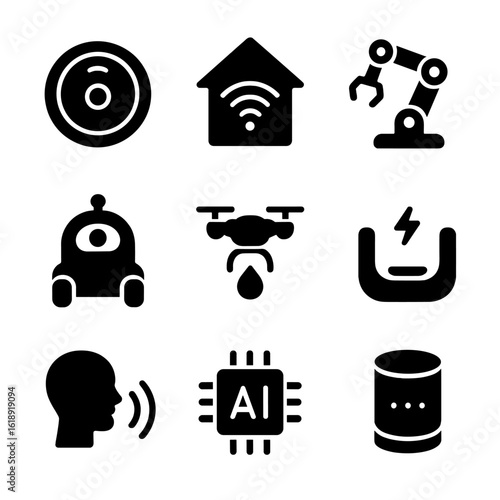 Home Robotics Icons. Solid, filled icons set of home robotics: robotic vacuum, smart home hub, robot arm, home