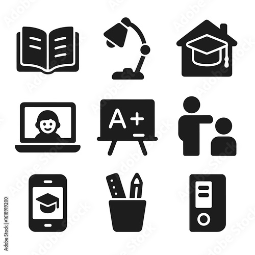 Homeschooling Icons Grid. Solid, filled icons set of homeschooling: open book, desk lamp, home with graduation
