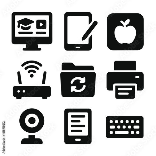 Homeschooling Tech Icons. Solid, filled icons set of homeschooling tech tools: desktop with educational