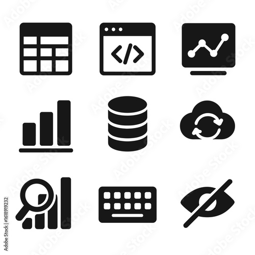 Digital Thesis Icons. Solid, filled icons set of digital thesis project setup: spreadsheet icon, coding window