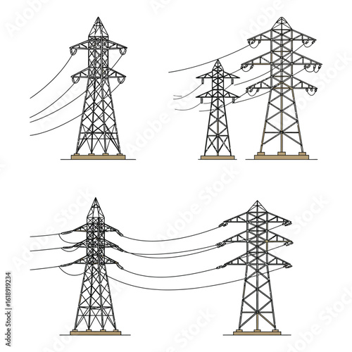 Seamless Pattern of Electricity Pylons on White Background for Energy Infrastructure