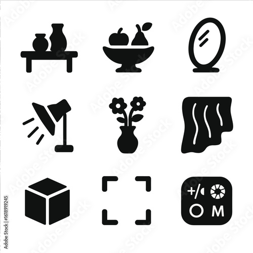 Iconic Still Life Set. Solid, filled icons set of still life photography: tabletop setup, fruit bowl,