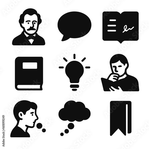 Iconic Literary Inspirations. Solid, filled icons set of favorite authors and bedtime inspiration: author
