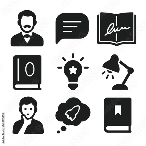 Iconic Literary Inspirations. Solid, filled icons set of favorite authors and bedtime inspiration: author