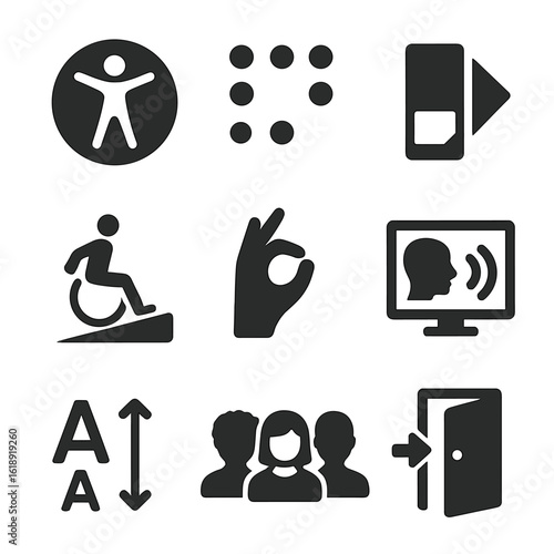 Inclusive Design Icons. Solid, filled icons set of inclusive design: universal access symbol, braille dots,