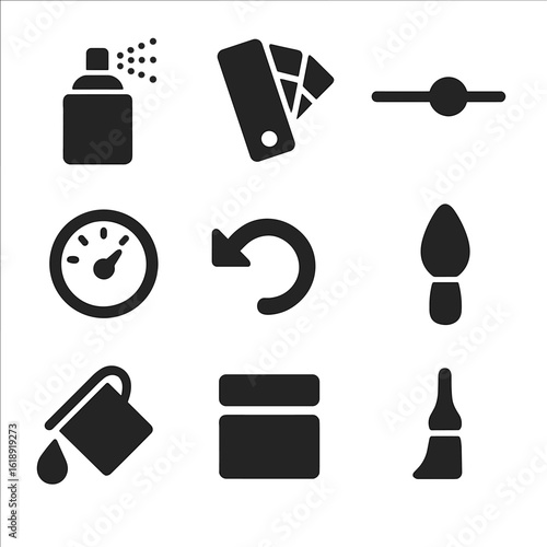 Digital Tools Icon Set. Solid, filled icons set of digital spray tools: spray can, color palette, opacity