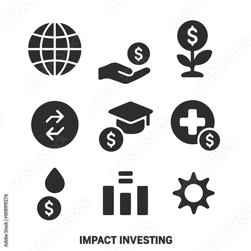 Impact Investing Icons. Solid, filled icons set of impact investing: globe icon, human hand investment, local