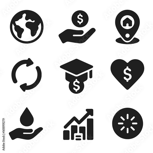 Impact Investing Icons. Solid, filled icons set of impact investing: globe icon, human hand investment, local