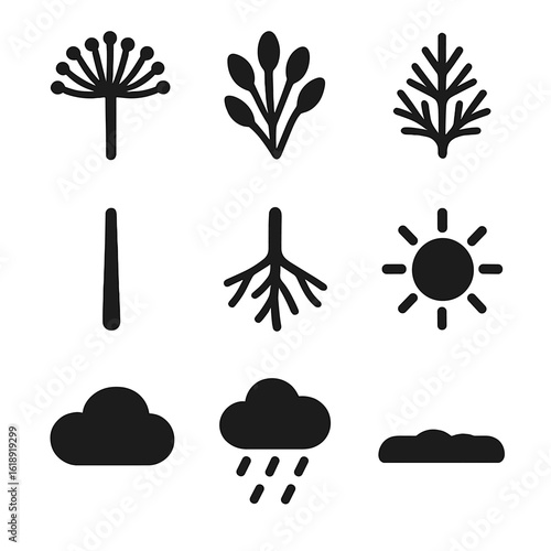 Dill Icon Set. Solid, filled icon set of dill botanical elements: flower umbels, seed clusters, fern-like leaves, stem, root, sun,