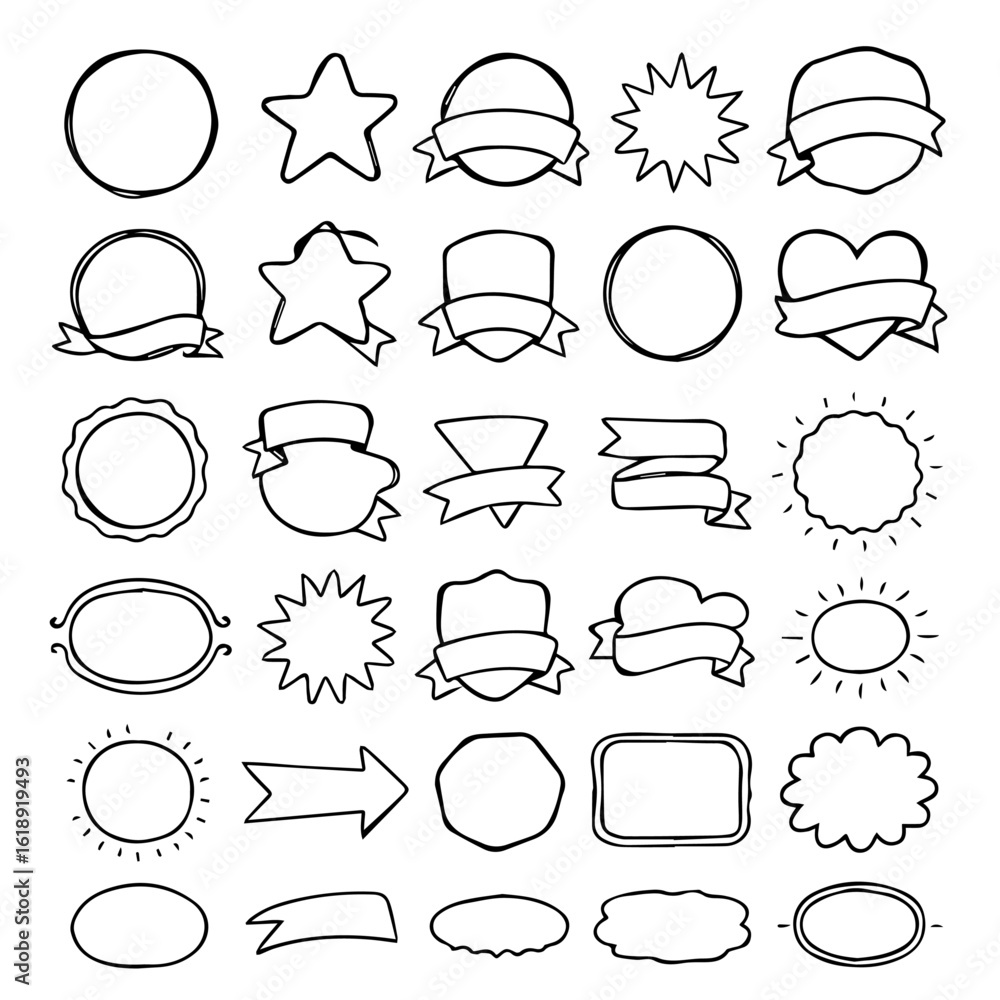 Fototapeta premium Playful and Creative Set of 30 Hand-Drawn Doodle Badge Shapes in Black Vector Outline Style, Editable Formats: AI, EPS, JPG, PNG, Ideal for Both Digital and Print Use
