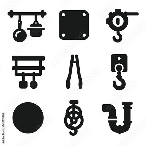 Industrial Kitchen Icons. Solid, filled icons set of industrial-style pot rack setups: iron bar rack, exposed