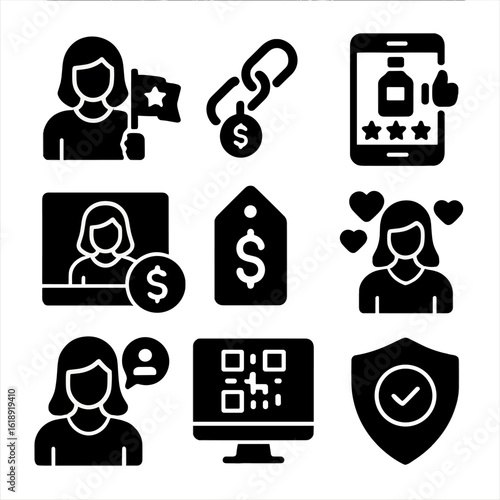 Influencer Marketing Icons. Solid, filled icons set of influencer and affiliate marketing: brand ambassador,