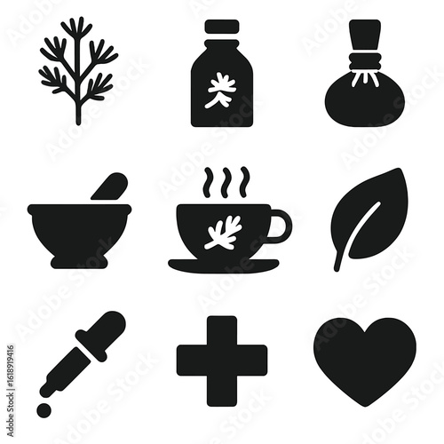 Dill Wellness Icons. Solid, filled icon set of dill wellness: herbal medicine, tincture bottle, herbal compress, mortar and pestle
