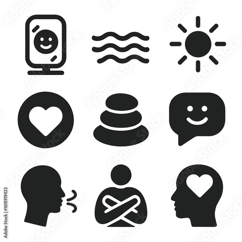Inner Peace Icons. Solid, filled icons set of self-affirmation and inner peace: mirror smile, “I am enough”
