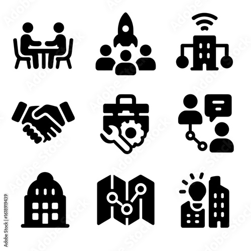Innovation Ecosystem Icons. Solid, filled icons set of innovation ecosystems: coworking space, startup cluster