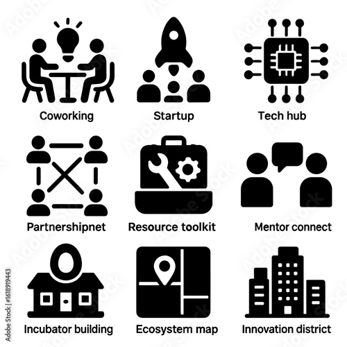 Innovation Ecosystem Icons. Solid, filled icons set of innovation ecosystems: coworking space, startup cluster