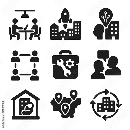 Innovation Ecosystem Icons. Solid, filled icons set of innovation ecosystems: coworking space, startup cluster