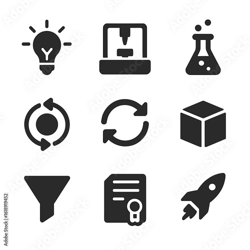 Innovation Pipeline Icons. Solid, filled icons set of innovation pipeline: idea lightbulb, prototype icon,