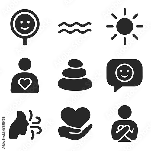 Inner Peace Icons. Solid, filled icons set of self-affirmation and inner peace: mirror smile, “I am enough”