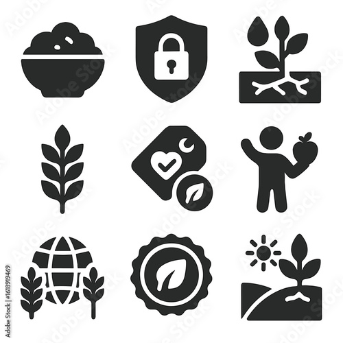 Innovative Food Security Icons. Solid, filled icons set of food security and genetic crop improvement: food