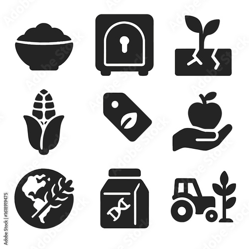 Innovative Food Security Icons. Solid, filled icons set of food security and genetic crop improvement: food