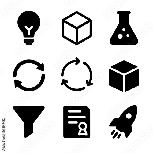 Innovation Pipeline Icons. Solid, filled icons set of innovation pipeline: idea lightbulb, prototype icon,