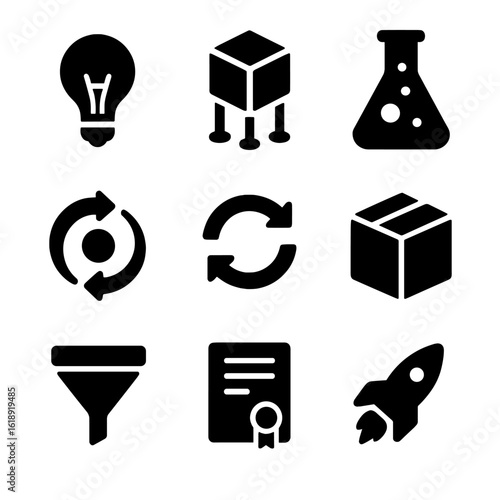 Innovation Pipeline Icons. Solid, filled icons set of innovation pipeline: idea lightbulb, prototype icon,
