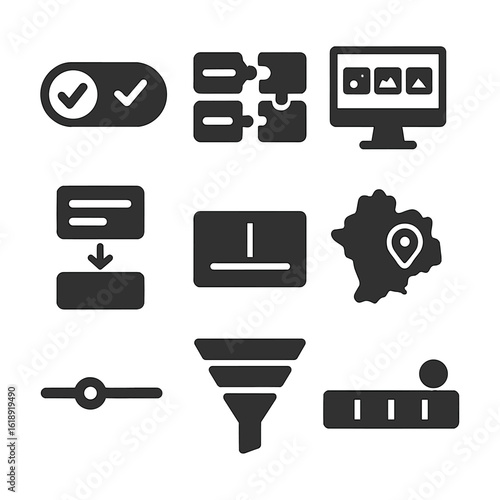 Interactive Quiz Icons. Solid, filled icons set of interactive quiz formats: true/false toggle, matching pairs