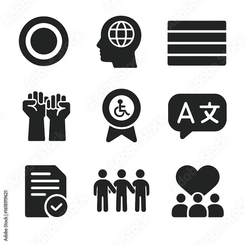 Intersectional Icons Grid. Solid, filled icons set of intersectional feminism: layered identity circle,