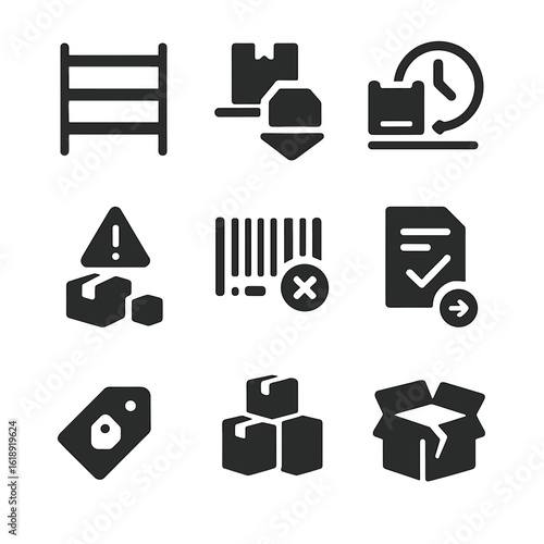 Inventory Icon Grid. Solid, filled icons set of inventory and stock challenges: empty shelves, low inventory