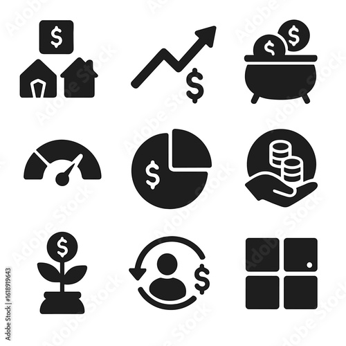 Investment Icons Grid. Solid, filled icons set of investment planning and capital allocation: diversified