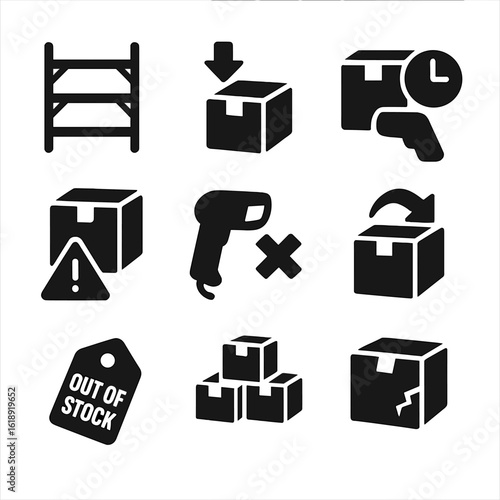 Inventory Icons Set. Solid, filled icons set of inventory and stock challenges: empty shelves, low inventory