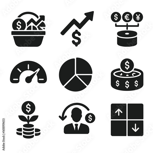 Investment Icons Grid. Solid, filled icons set of investment planning and capital allocation: diversified