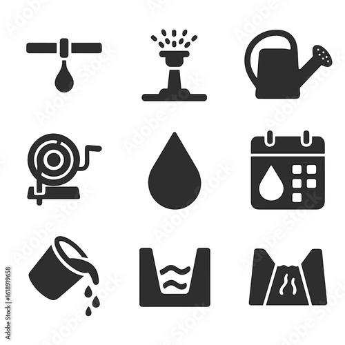 Irrigation Icon Set. Solid, filled icons set of irrigation and watering techniques: drip irrigation line,