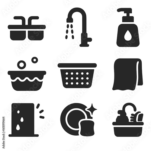 Dishwashing Station Icons. Solid, filled icons set of dishwashing station setup: double sink, faucet stream,