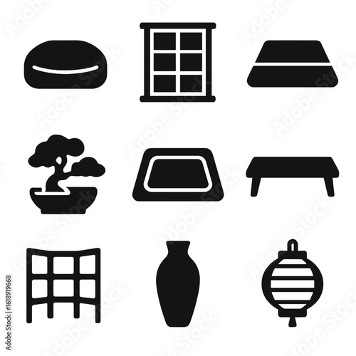 Japandi Interior Icons. Solid, filled icons set of Japandi interior style: floor cushion, sliding door, tatami