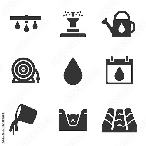 Irrigation Techniques Icons. Solid, filled icons set of irrigation and watering techniques: drip irrigation