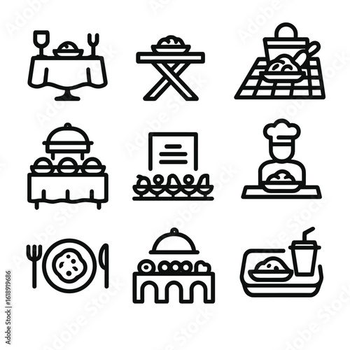 Diverse Dining Icons. Solid, filled icon set of plating presentation settings: fine dining table, rustic table, outdoor picnic,