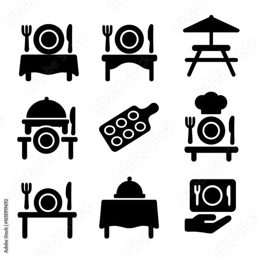 Diverse Dining Icons. Solid, filled icon set of plating presentation settings: fine dining table, rustic table, outdoor picnic,
