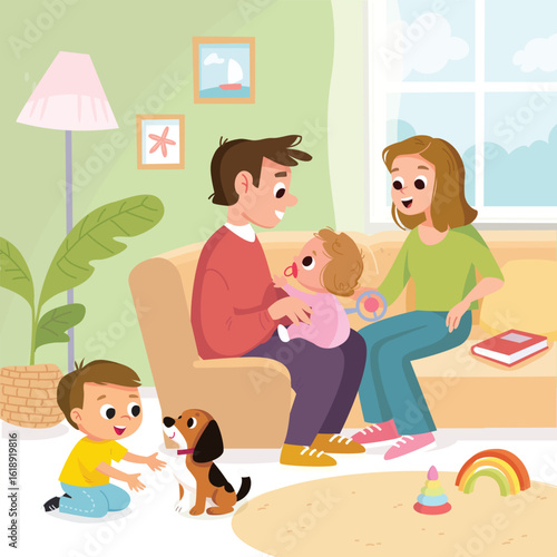 Family at home. Father, mother and kids sitting together in the living room, talking , spending time together and playing with puppy. Parents spend time at home and play with children.