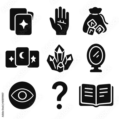 Divination Icon Set. Solid, filled icons set of divination and scrying texts: tarot deck, palmistry chart,