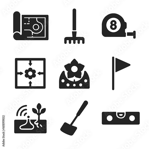 Landscaping Tool Icons. Solid, filled icons set of landscaping design tools: landscape blueprint, garden rake,