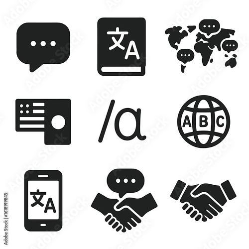 Language Diversity Icons. Solid, filled icons set of language diversity: speech bubble, multilingual book,