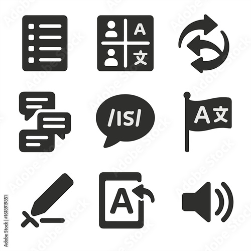 Language Learning Icons. Solid, filled icons set of language learning assistance: vocabulary list, verb