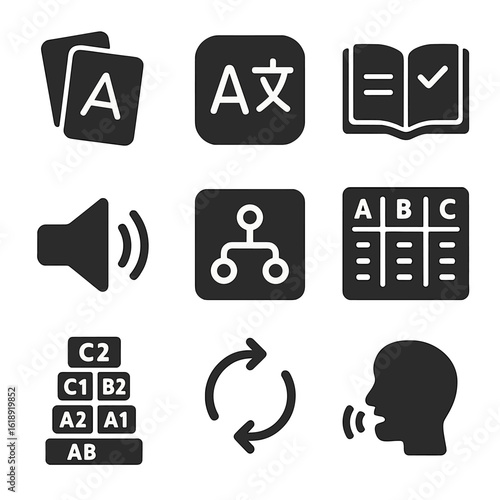 Language Learning Icons. Solid, filled icons set of language learning tools: flashcards, language app icon,