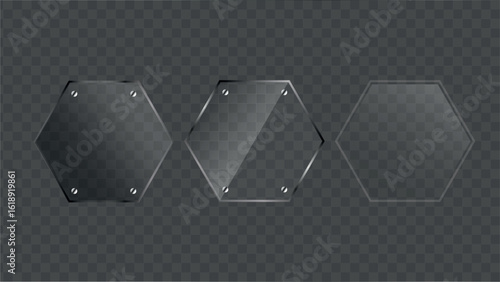 This image features three hexagon-shaped glass placeholders against a dark, transparent background.
